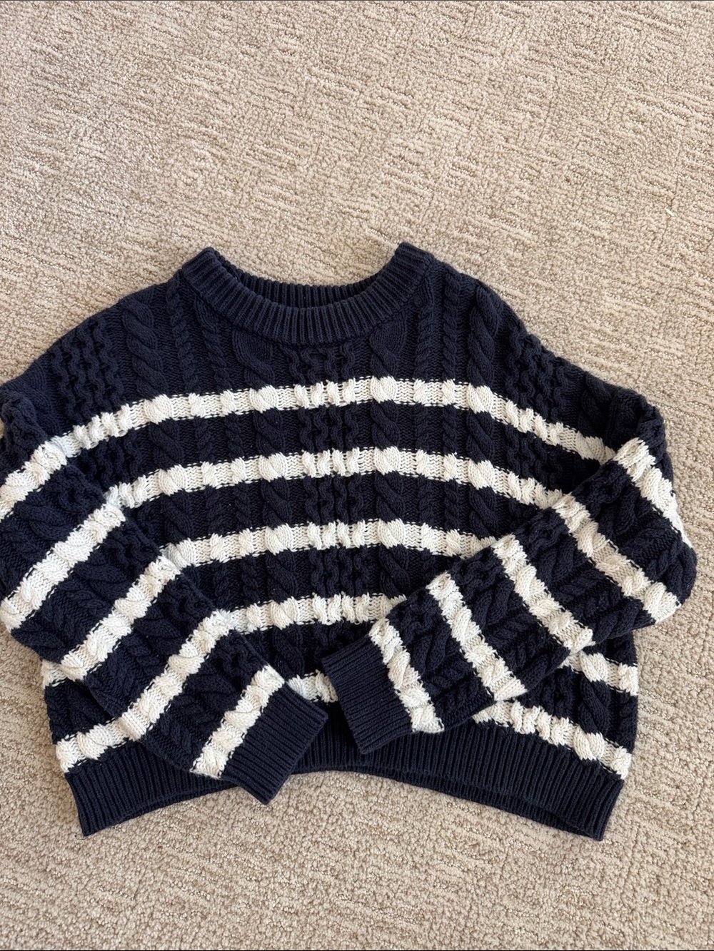 Striped Cable Knit Cropped Sweater - Navy & White